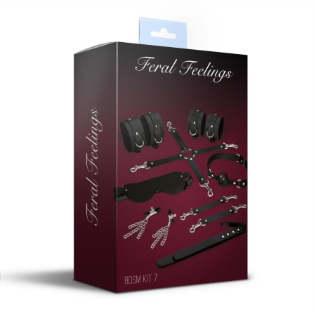 Набор Feral Feelings BDSM Kit 7 Black, наручники, поножи, коннектор, маска, паддл, кляп, зажимы || Набір Feral Feelings BDSM Kit 7 Black, наручники, поножі, конектор, маска, падл, кляп, затискачі
