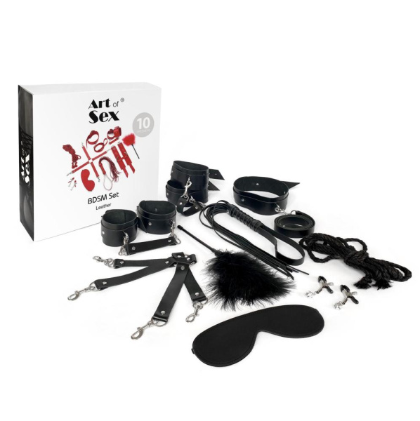 Набор BDSM Art of Sex – BDSM Set Leather, 10 предметов, черный, натуральная кожа