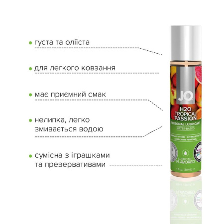 Смазка на водной основе JO H2O — Tropical Passion (30 мл) без сахара, растительный глицерин || Змазка на водній основі JO H2O — Tropical Passion (30 мл) без цукру, рослинний гліцерин