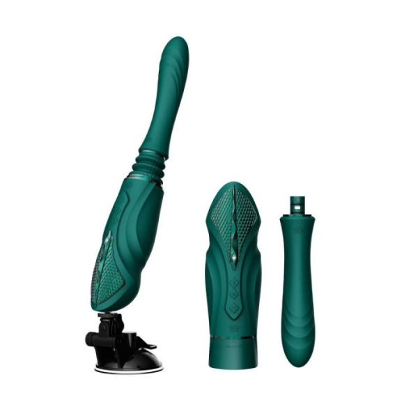 Компактная смарт секс-машина Zalo – Sesh Turquoise Green, 2 насадки, пульт ДУ, кристалл Swarovski