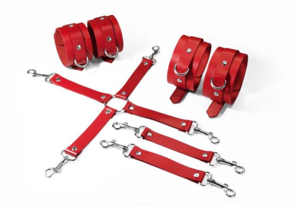 Набор для БДСМ 3 в 1 Feral Feelings BDSM Kit 3 Red, наручники, поножи, крестовина
