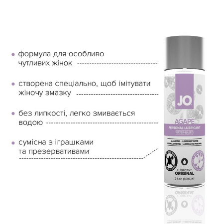 Смазка на водной основе JO AGAPE — ORIGINAL (60 мл) без глицерина, гликоля и парабенов || Змазка на водній основі JO AGAPE — ORIGINAL (60 мл) без гліцерину, гліколю та парабенів