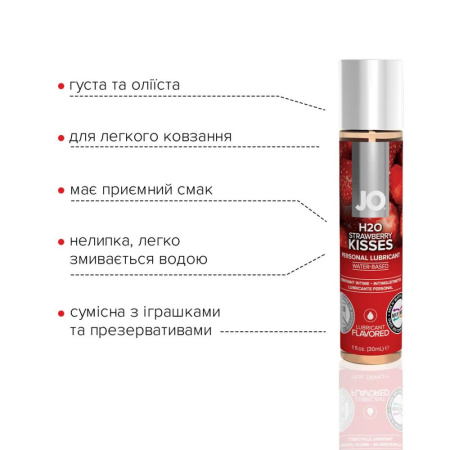 Смазка на водной основе JO H2O — Strawberry Kiss (30 мл) без сахара, растительный глицерин || Змазка на водній основі JO H2O — Strawberry Kiss (30 мл) без цукру, рослинний гліцерин