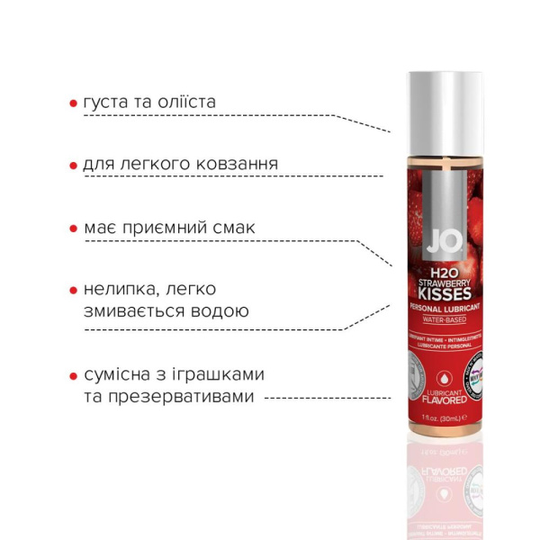 Смазка на водной основе JO H2O — Strawberry Kiss (30 мл) без сахара, растительный глицерин
